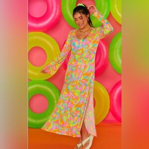 Show Me Your Mumu Santos Tropical Neon Leaf Print Maxi Cover-Up Dress Size Small